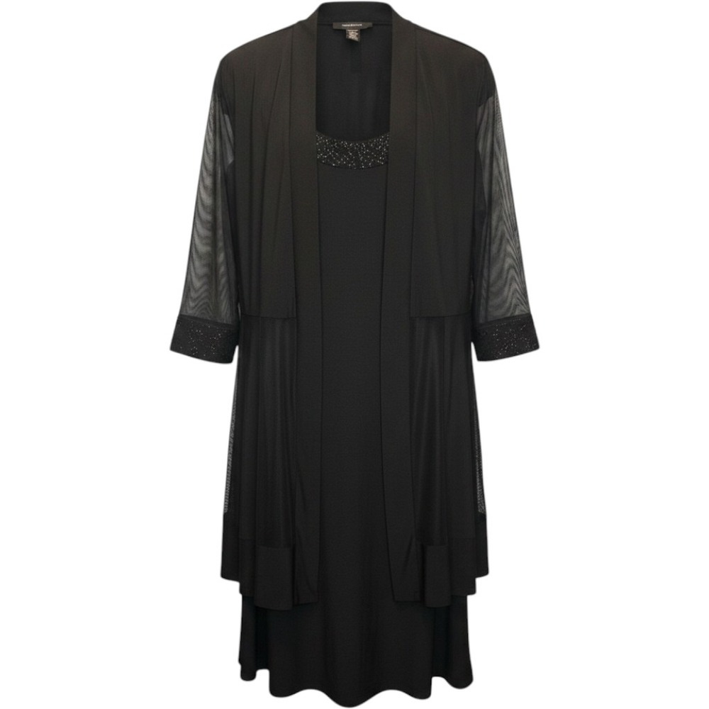 R&M Richards Dress & Cardigan Set Womens L Black Glitter Trim 2pc LBD Holiday